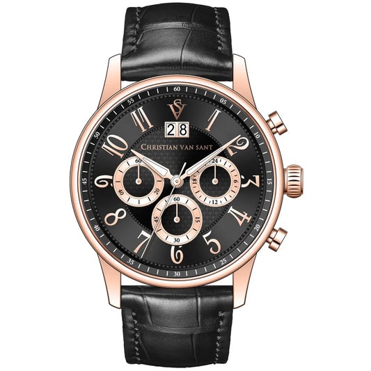 Christian Van Sant men's chronograph watch with rose-gold case and black leather strap on Tampa Home & Garden Store