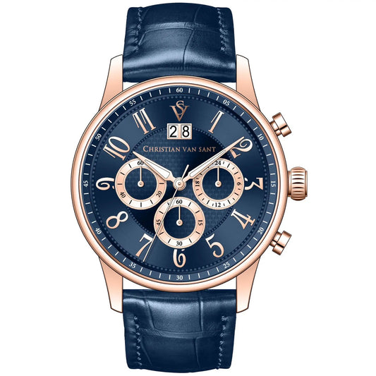 Christian Van Sant men's heritage watch with blue dial, rose-gold case, blue leather strap on Tampa Home & Garden Store