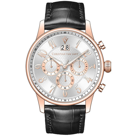 Christian Van Sant Heritage Chronograph Watch with rose-gold case and black leather strap on Tampa Home & Garden Store