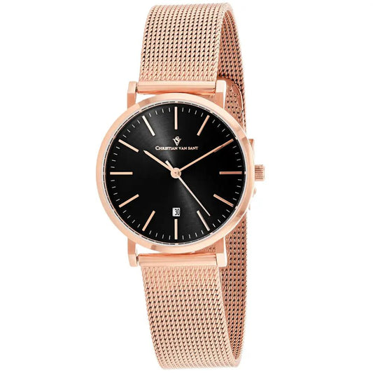 Christian Van Sant women's Paradigm watch with rose gold mesh band and black dial on Tampa Home & Garden Store