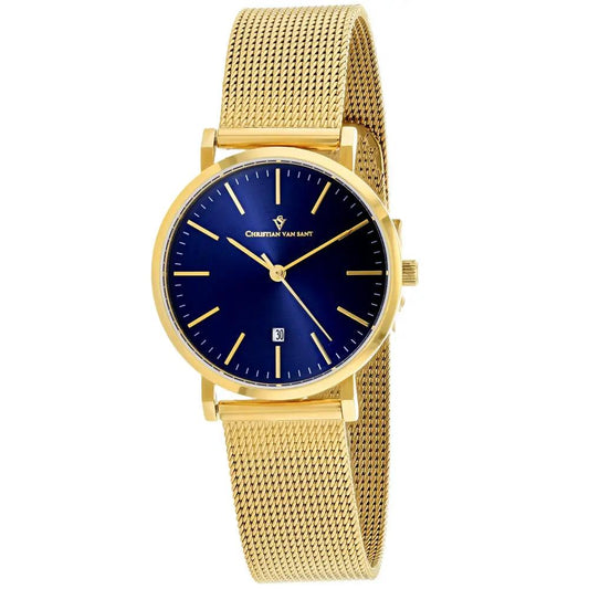 Christian Van Sant Paradigm women's gold-tone mesh watch with blue dial and date window on Tampa Home & Garden Store