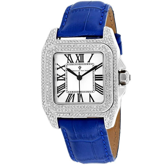 Christian Van Sant Radieuse women's square dial watch blue leather strap with crystal bezel on Tampa Home & Garden Store