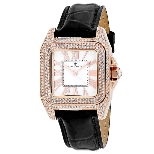 Christian Van Sant Radieuse watch with rose gold-tone case, diamond bezel, black leather strap on Tampa Home & Garden Store