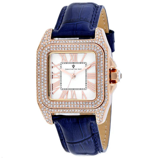 Christian Van Sant Radieuse women's watch with rose gold case, crystal bezel and blue leather strap on Tampa Home & Garden Store