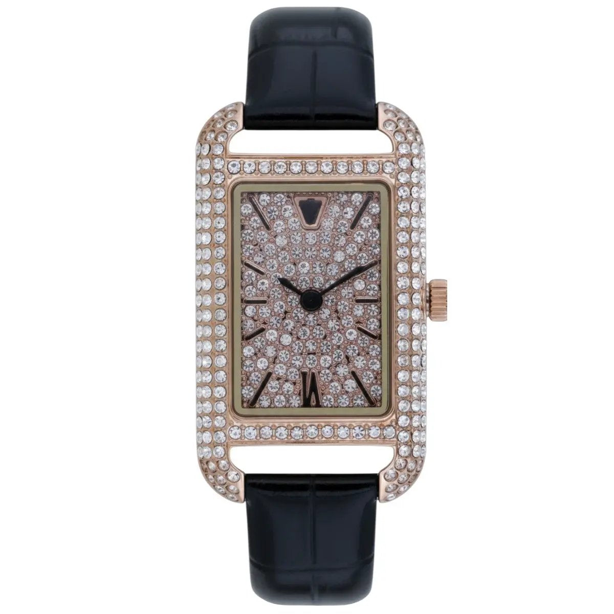 Christian Van Sant Women's Opaline watch with a rose-gold crystal-studded rectangular case and black leather strap by Bids.com on Tampa Home & Garden Store