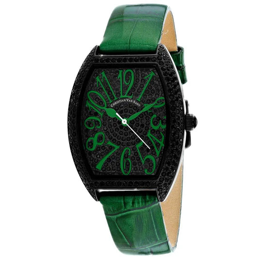 Christian Van Sant women's quartz watch with green numbers, black pave case, green leather strap on Tampa Home & Garden Store