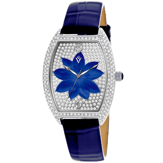 Christian Van Sant Women's Lotus Watch with diamond-studded silver case and blue lotus dial on Tampa Home & Garden Store