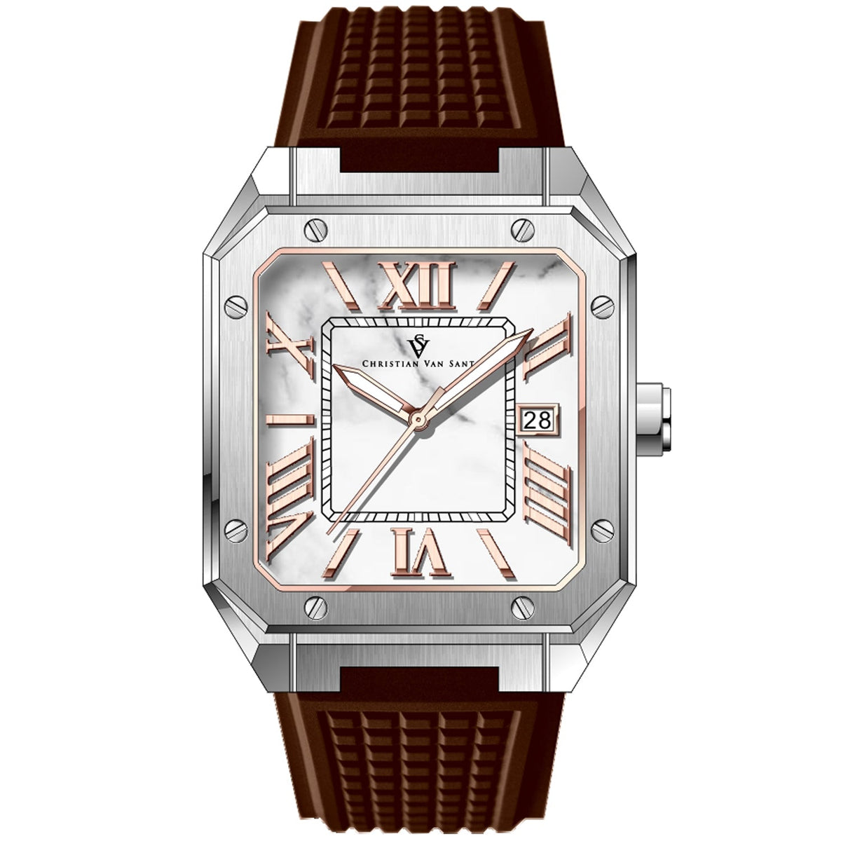 Christian Van Sant Mosaic watch with rose-gold Roman numerals, bezel, white dial, brown strap on Tampa Home & Garden Store