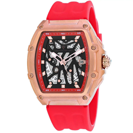 Christian Van Sant Odyssey watch with rose-gold case, red silicone strap, skeleton dial and date window on Tampa Home & Garden Store