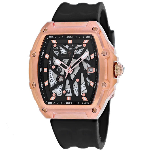 Christian Van Sant Odyssey men's watch with rose-gold tone case, black skeleton dial, black band on Tampa Home & Garden Store