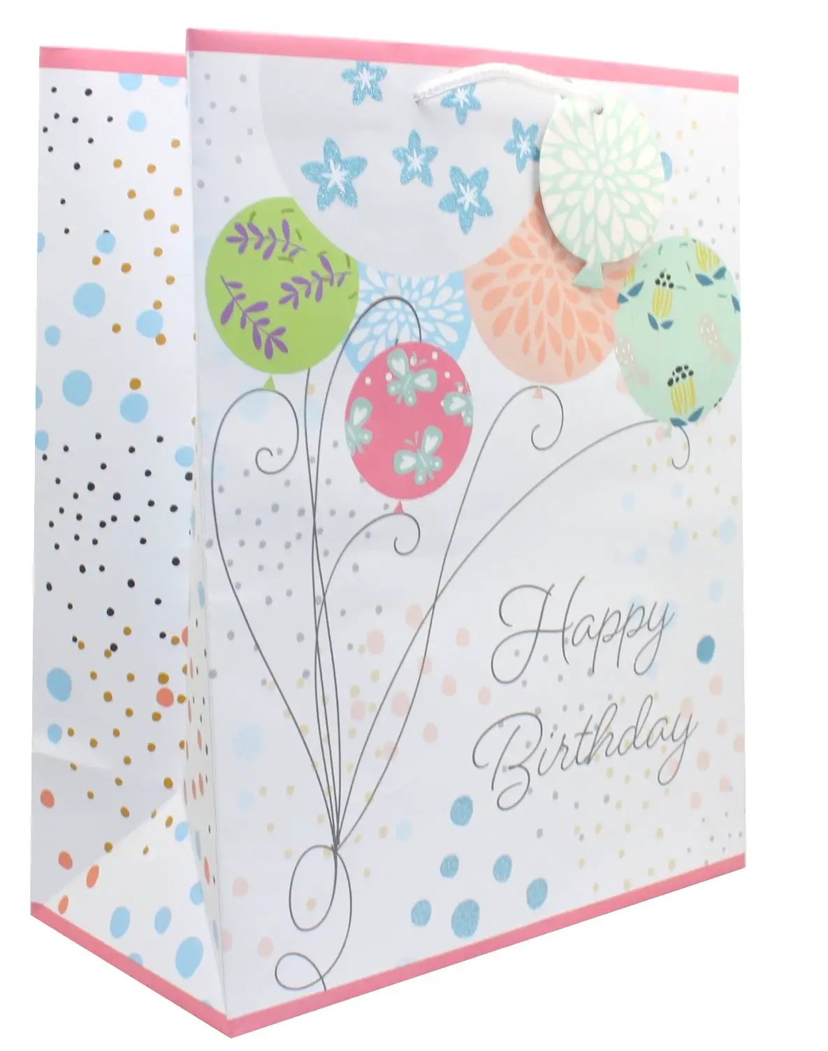 Happy Birthday Balloons Gift Bag with Glitter colorful balloon bouquet pink top trim on Tampa Home & Garden Store