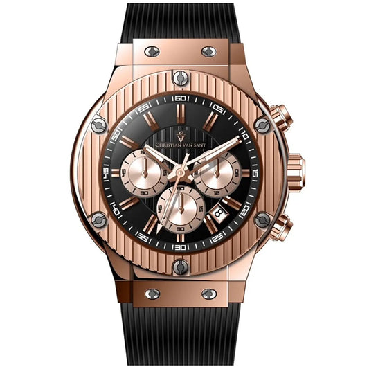 Christian Van Sant Monarchy watch rose gold-tone case, black chronograph dial, black strap on Tampa Home & Garden Store on Tampa Home & Garden Store