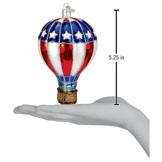 Patriotic hot air balloon glass ornament with red white blue stripes by Country Christmas Loft on Tampa Home & Garden Store