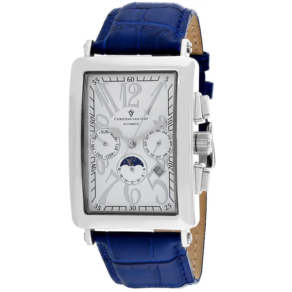 Christian Van Sant Prodigy men's watch with blue leather strap and silver rectangular case on Tampa Home & Garden Store