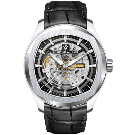 Christian Van Sant Romeo skeleton watch with silver case and black leather strap on Tampa Home & Garden Store