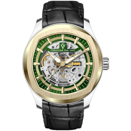 Christian Van Sant Men's Romeo Automatic Watch skeleton dial with green ring gold bezel on Tampa Home & Garden Store
