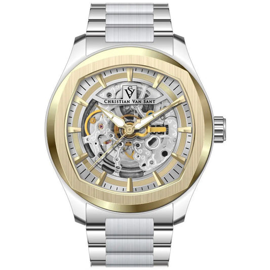 Christian Van Sant Romeo Automatic Watch skeleton dial; gold bezel stainless steel bracelet on Tampa Home & Garden Store