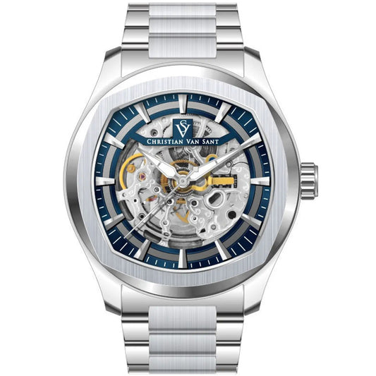 Christian Van Sant Romeo Steel Watch with blue skeleton dial and stainless steel bracelet on Tampa Home & Garden Store