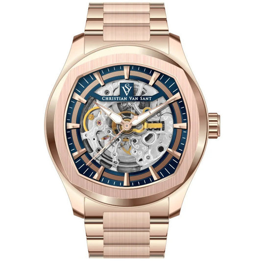 Christian Van Sant Romeo men's watch with rose-gold-tone bracelet and blue skeleton dial on Tampa Home & Garden Store