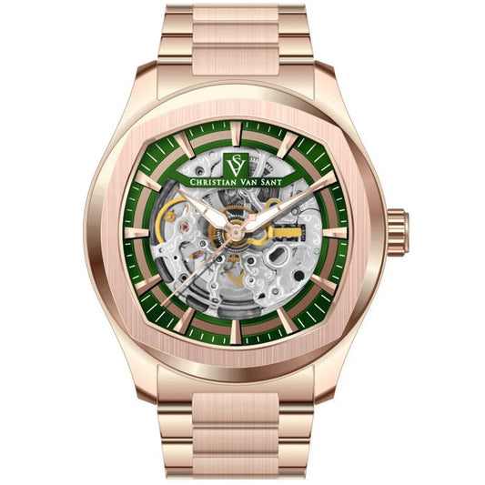 Christian Van Sant Romeo men's skeleton watch in rose gold with green dial on Tampa Home & Garden Store