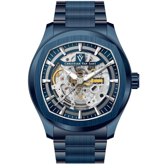 Christian Van Sant Romeo automatic men's watch with blue skeleton dial and bracelet on Tampa Home & Garden Store