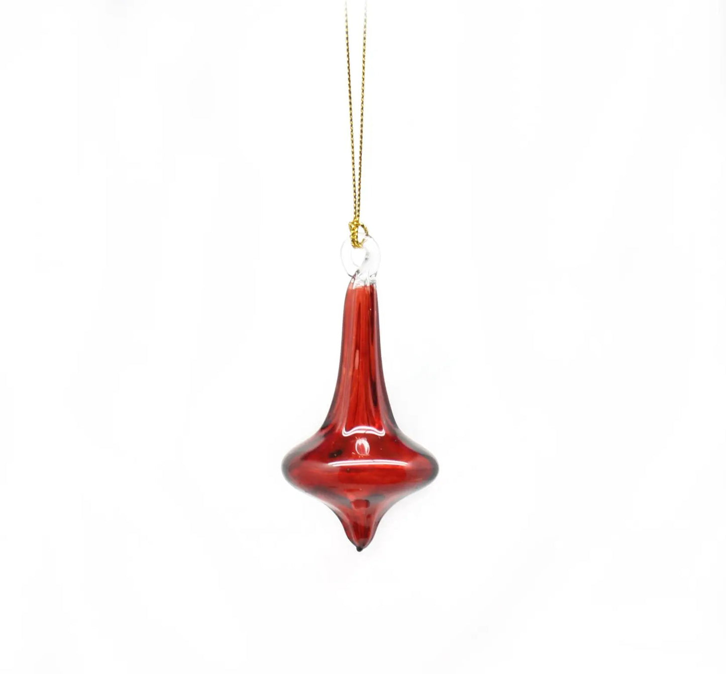 Red blown glass teardrop ornament with clear top loop and gold hanging cord on Tampa Home & Garden Store