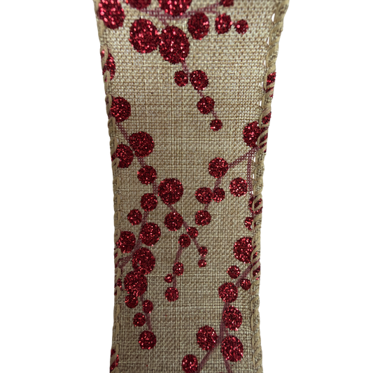Burlap Berry Ribbon 1.5 inch by the yard natural burlap with red glitter berry clusters on Tampa Home & Garden Store