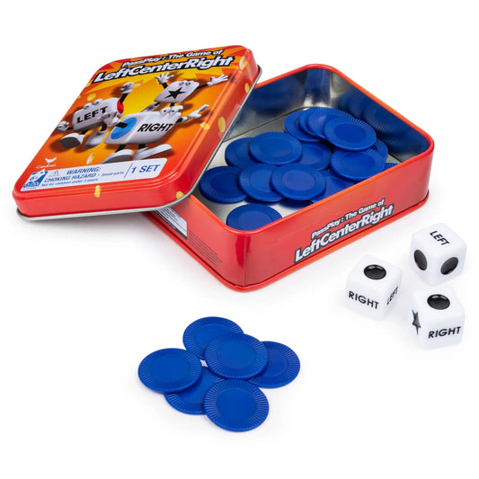 Left Center Right dice game in red metal tin with blue chips by The Country Christmas Loft on Tampa Home & Garden Store