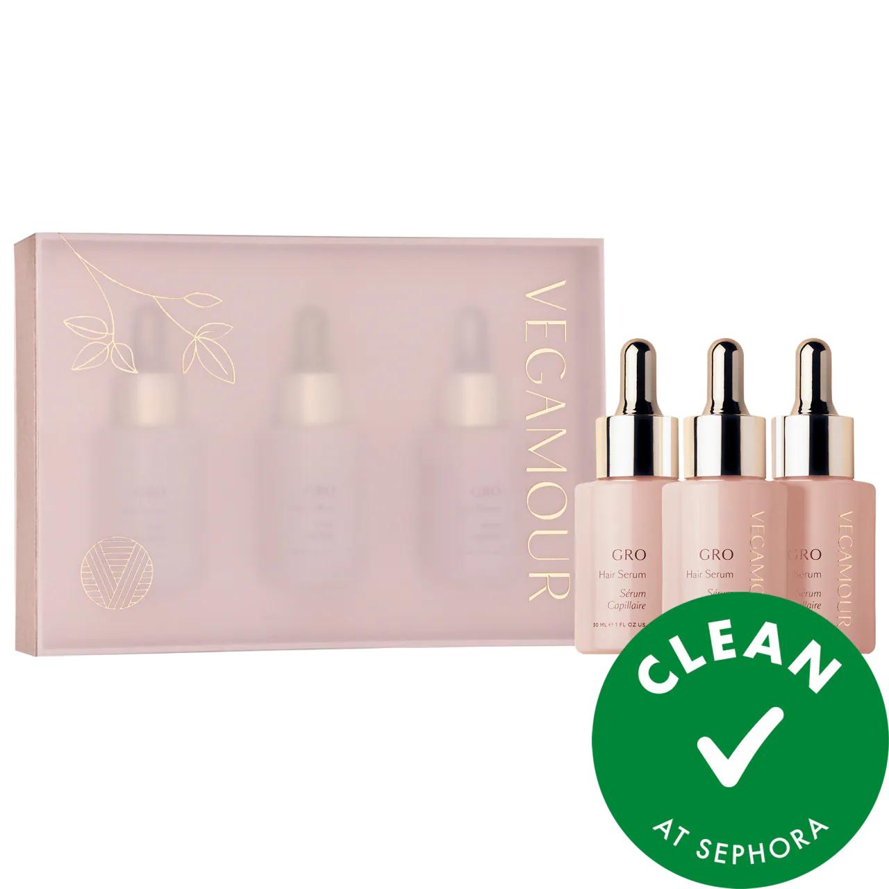 GRO Hair Serum Trio; vegan hair serums in pink bottles with gold droppers, 3-pack Beauty Care Bag on Tampa Home & Garden Store
