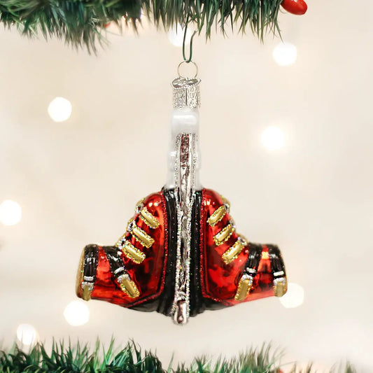 Ski Boots Glass Ornament Keepsake Gift red and black with gold accents, silver cap on Tampa Home & Garden Store