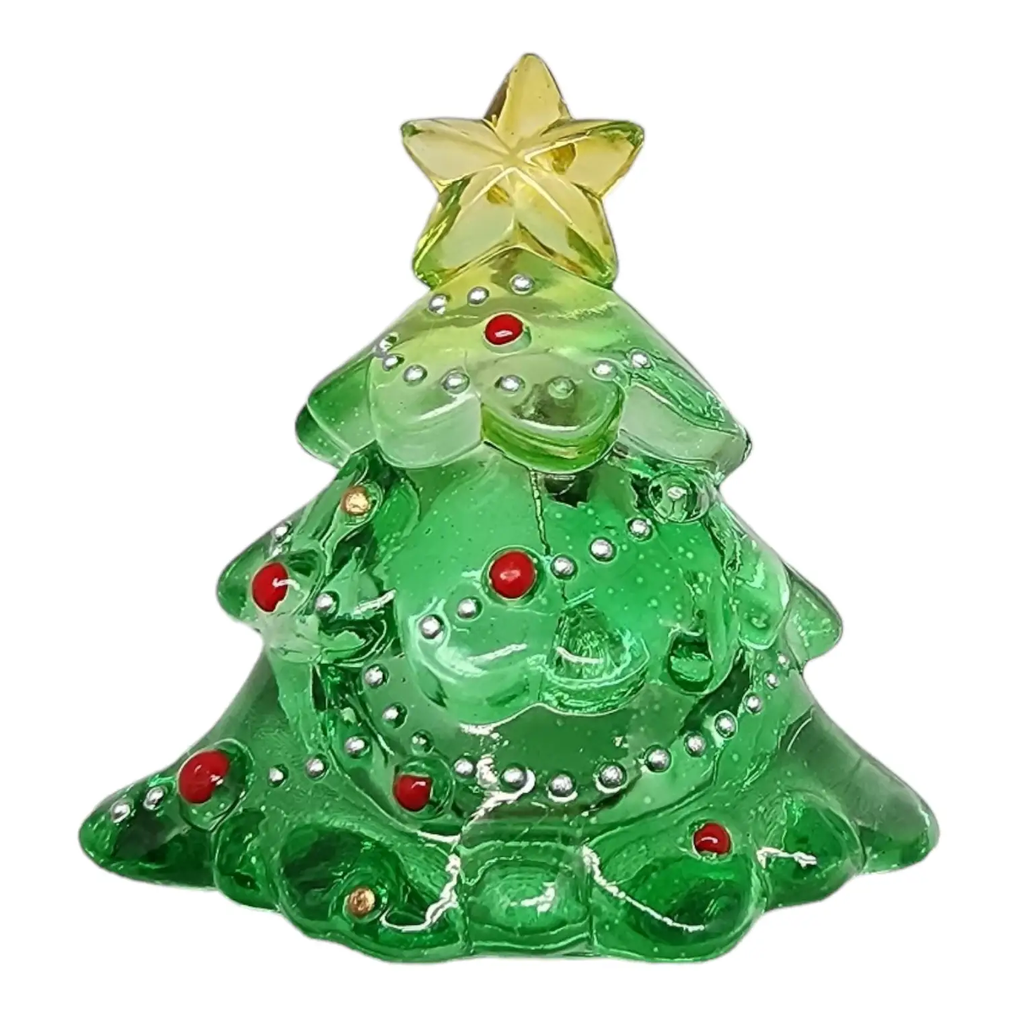 Acrylic LED Christmas tree pin, green tree with star topper, red accents on Tampa Home & Garden Store