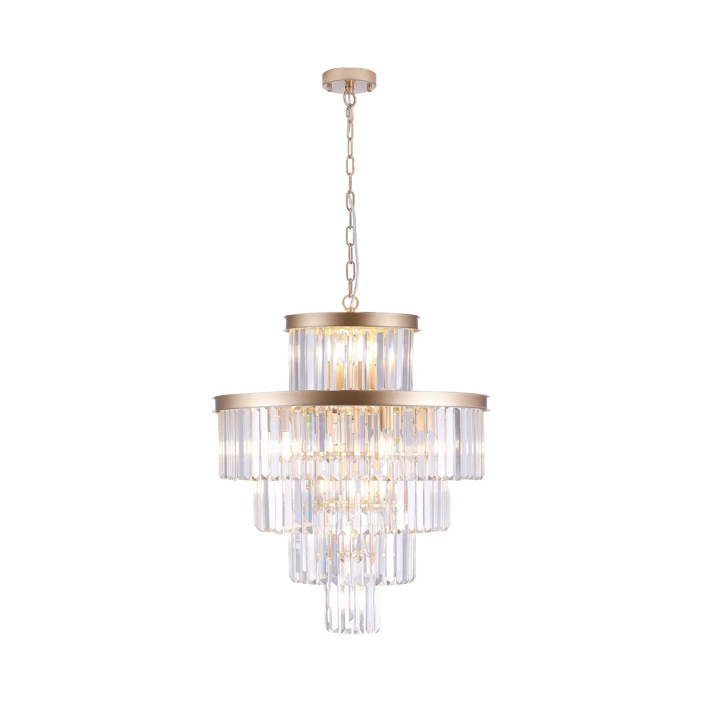 Golden Luxury Crystal Chandelier 23.6 in, gold finish with crystal prisms, chain-hung on Tampa Home & Garden Store