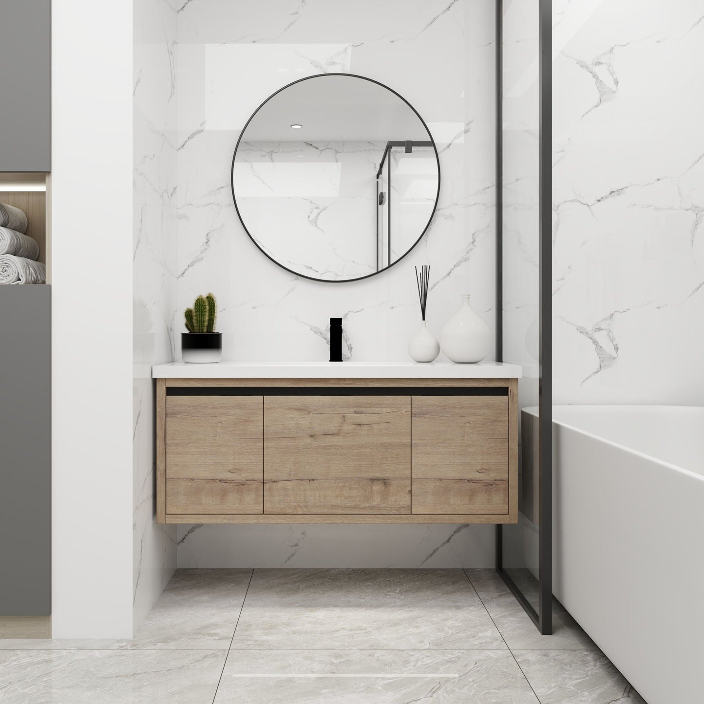 Floating bathroom vanity with resin sink and soft-close doors, natural wood drawers on Tampa Home & Garden Store
