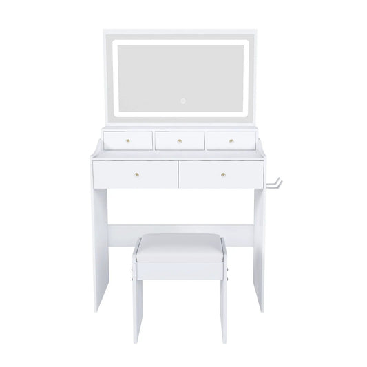 White makeup vanity set with framed mirror and multiple drawers with cushioned stool on Tampa Home & Garden Store