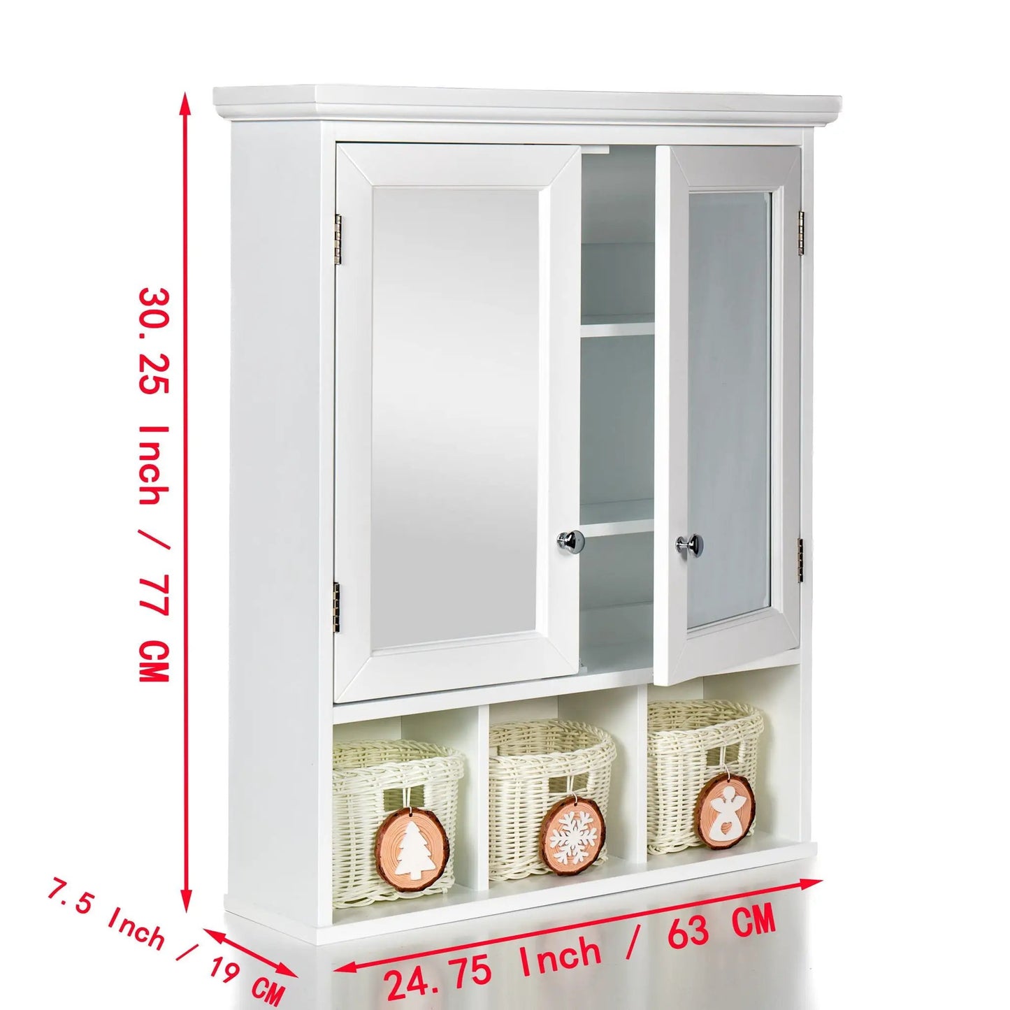 White bathroom medicine cabinet with mirror, 2 doors, 2 adjustable shelves, 3 Christmas baskets on Tampa Home & Garden Store