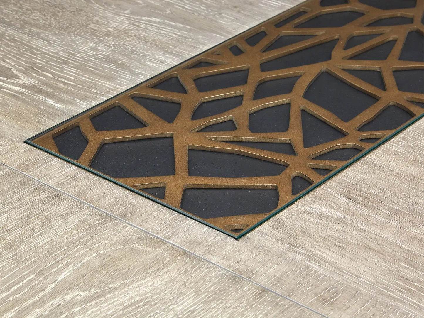 Ryker rectangular dining table with glass top and bronze geometric lattice base Homestead Brown on Tampa Home & Garden Store