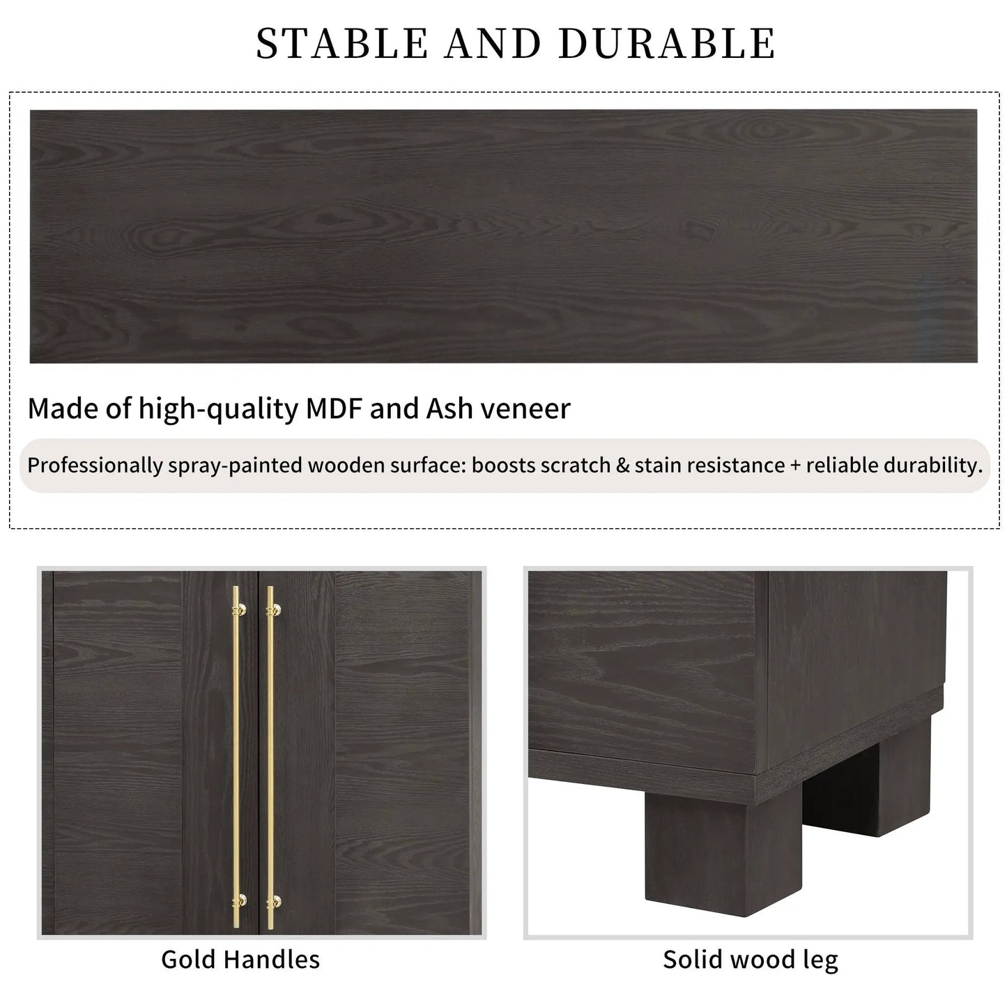Sideboard with adjustable shelves in dark ash veneer with gold-tone handles and solid wood legs on Tampa Home & Garden Store