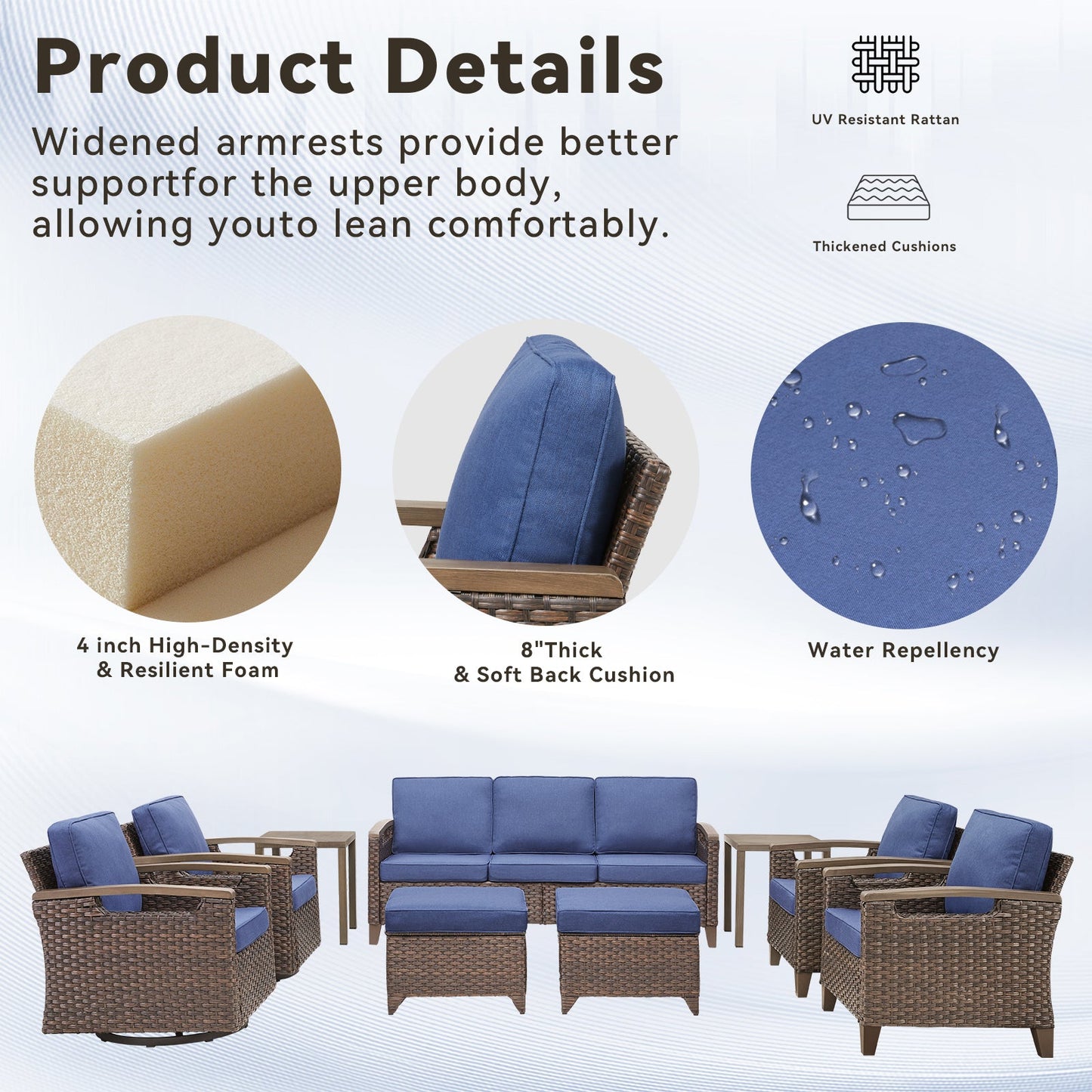 73.6-inch wicker patio sofa with blue cushions by HouseOfZazla in a patio seating set on Tampa Home & Garden Store