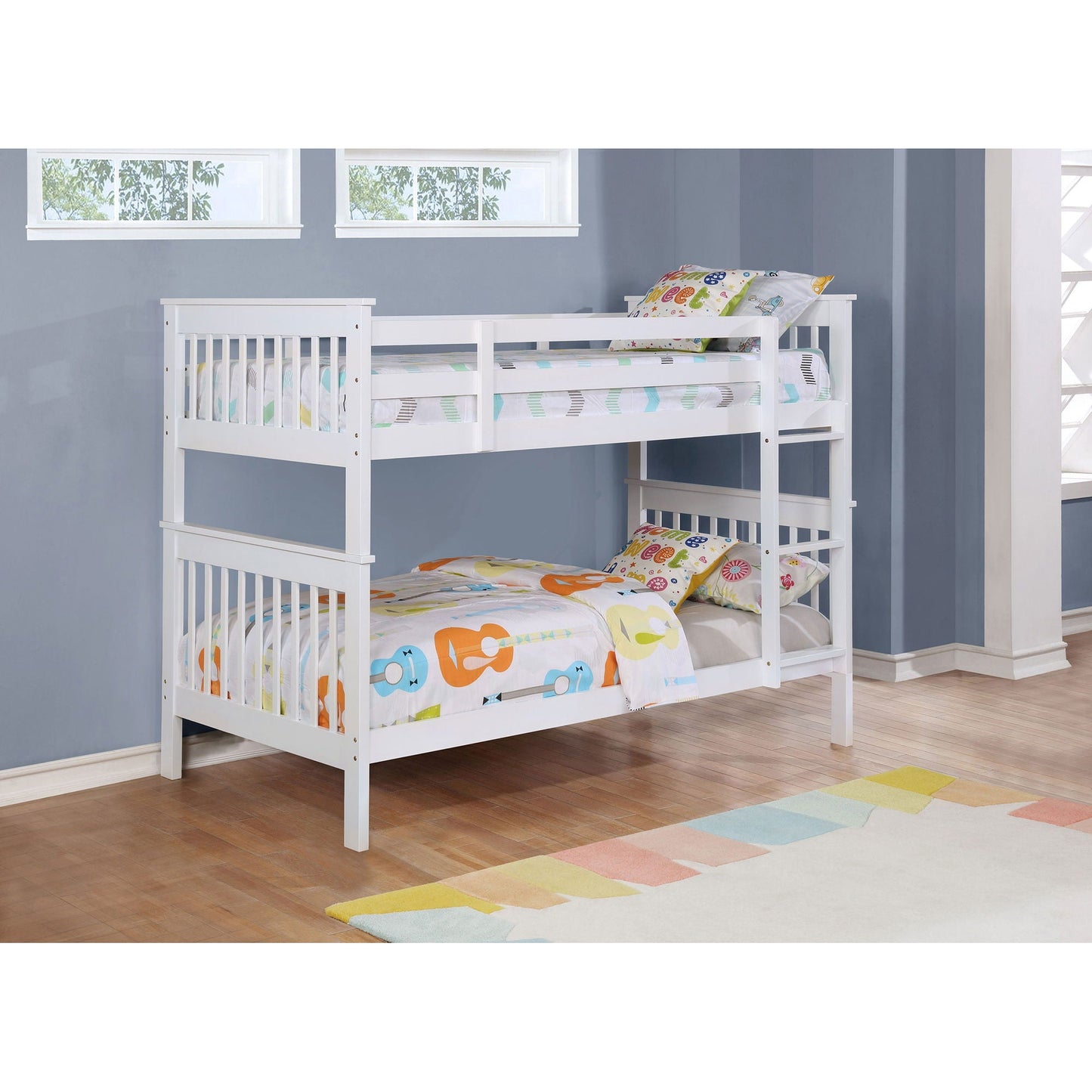 Madison Twin Over Twin bunk bed in white with slatted design, two stacked beds in a blue room on Tampa Home & Garden Store