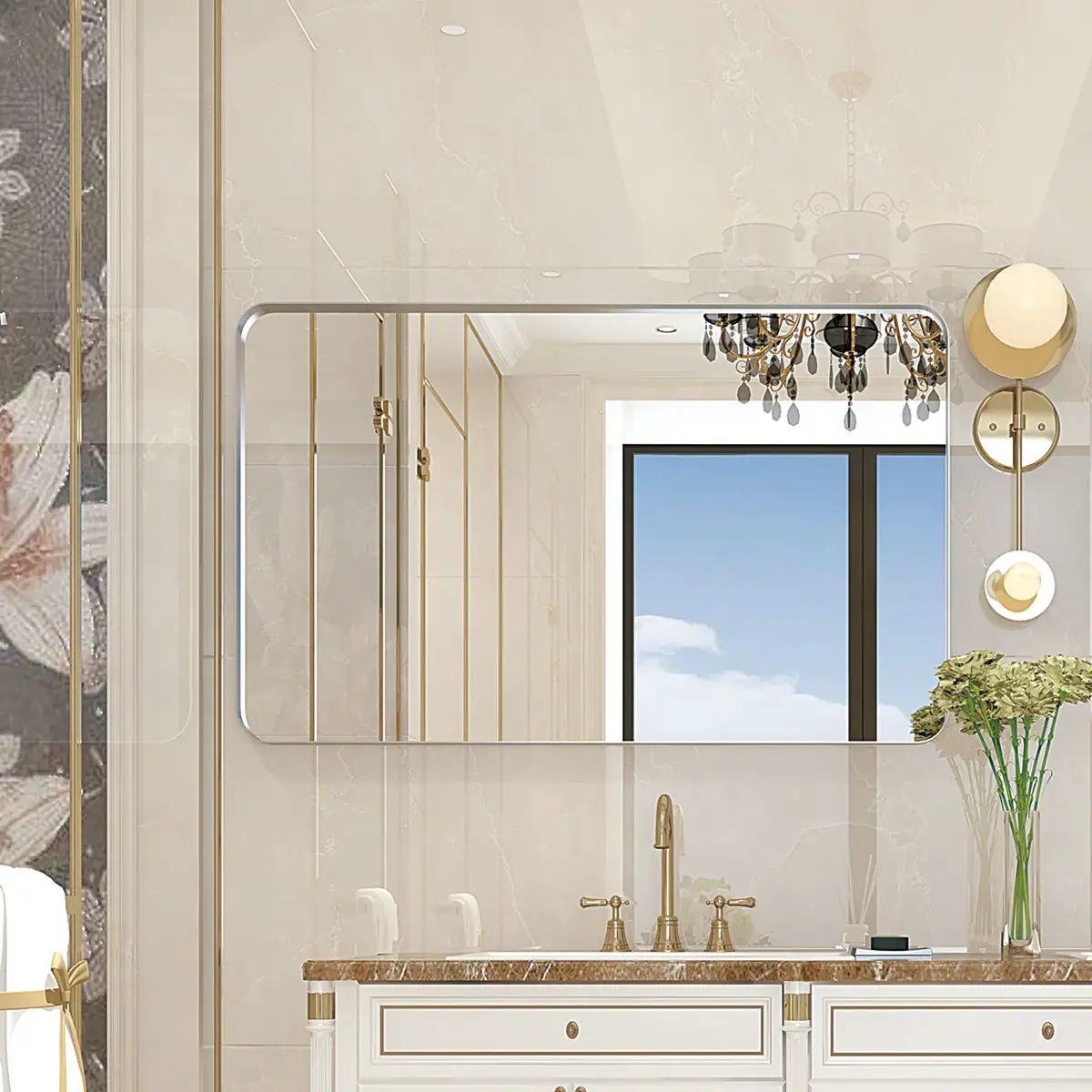 Rounded Corner Bathroom Mirror With Wall Mount