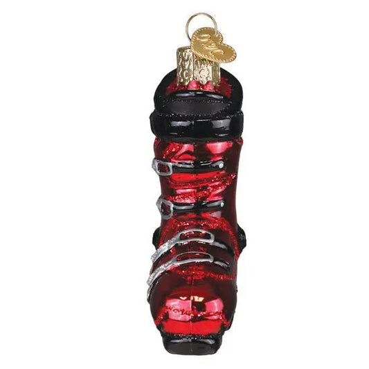 Ski boot glass ornament with red finish, silver buckles, black cuff, gold hanging loop on Tampa Home & Garden Store