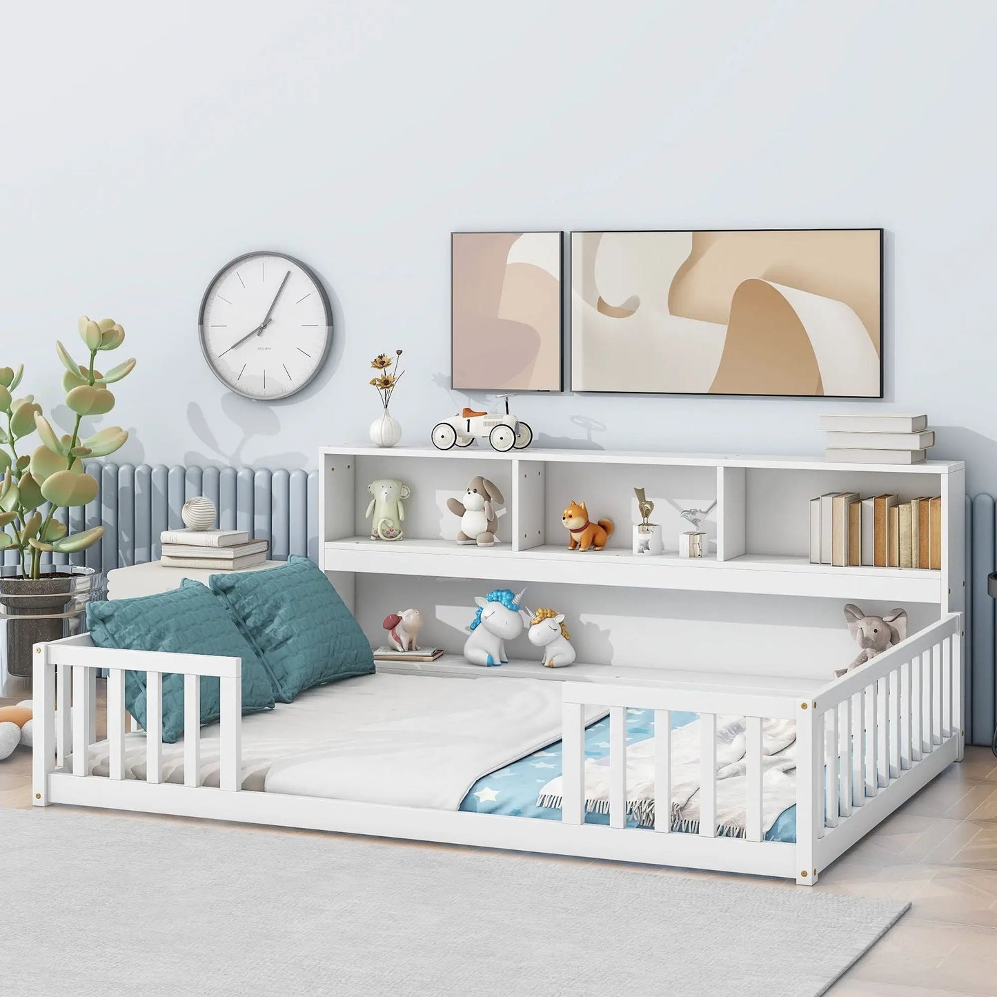 Floor Bed With Side Bookcase and Guard Rails