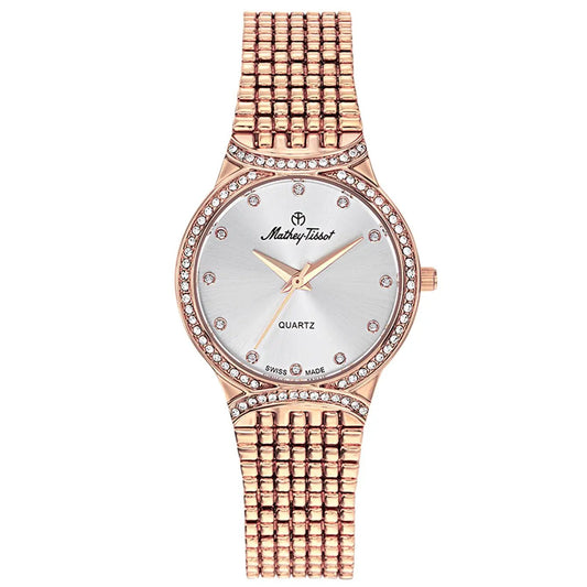 Mathey-Tissot women's rose gold watch with diamond bezel and silver dial on metal link bracelet on Tampa Home & Garden Store
