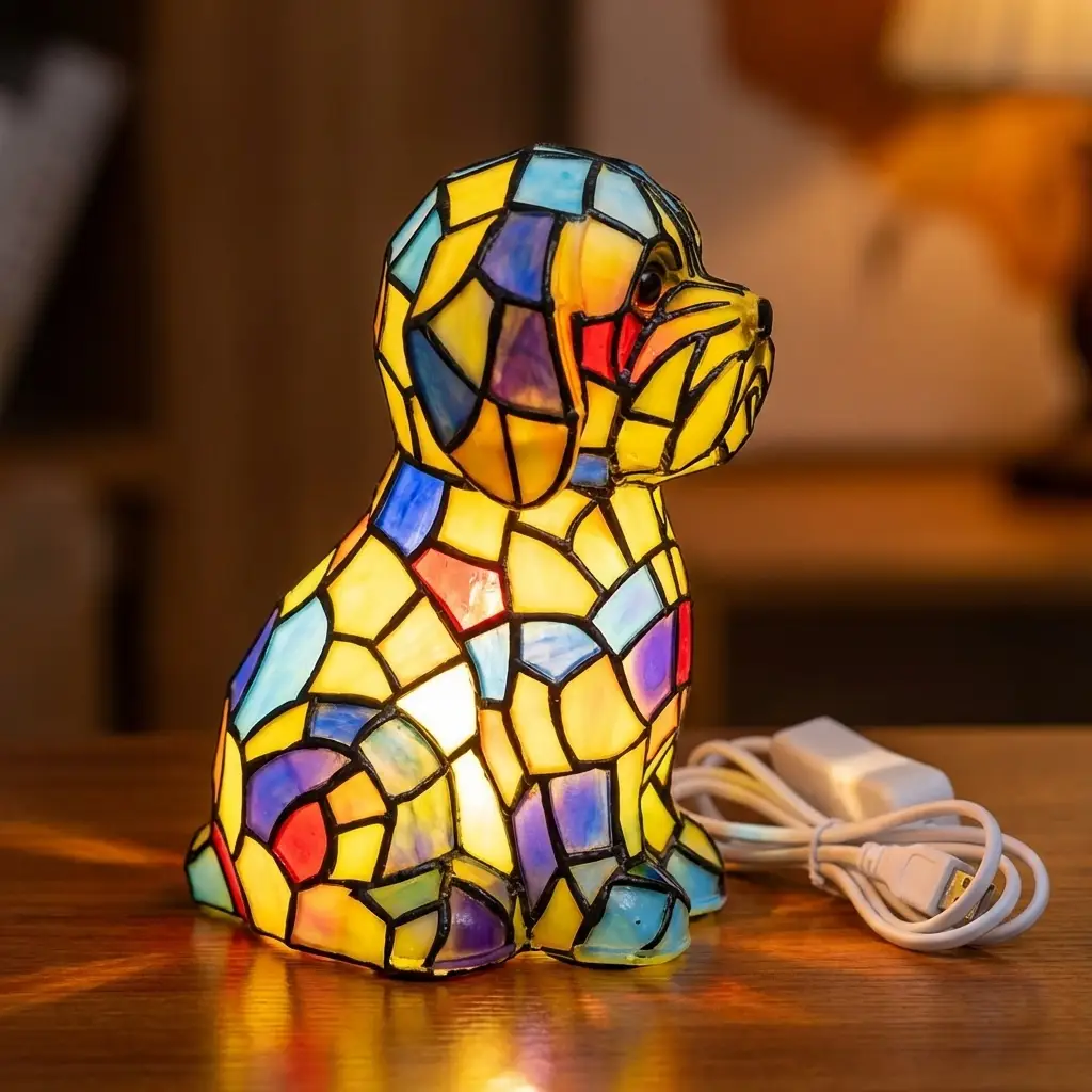 Moktan Sabai dog-shaped resin table lamp with multicolor mosaic finish on Tampa Home & Garden Store