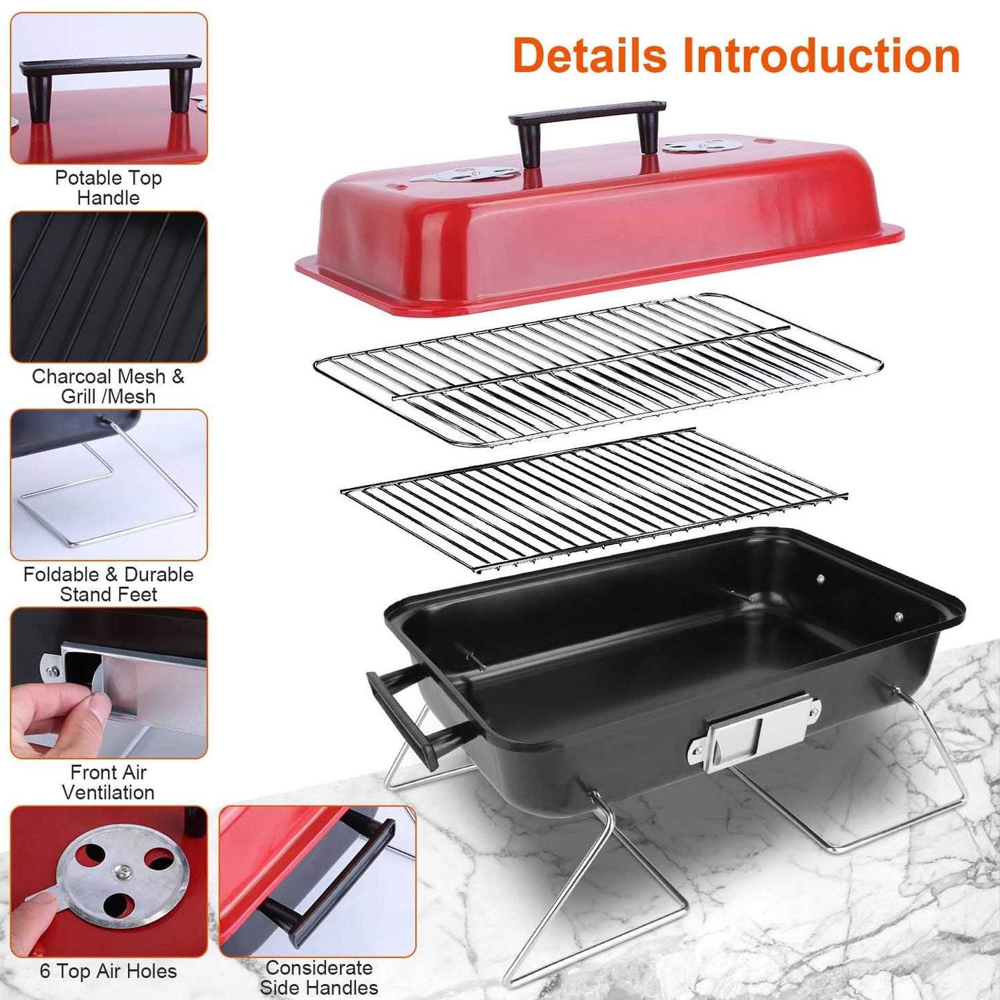 GemGear portable charcoal grill with red lid, dual wire racks and foldable stand feet on Tampa Home & Garden Store