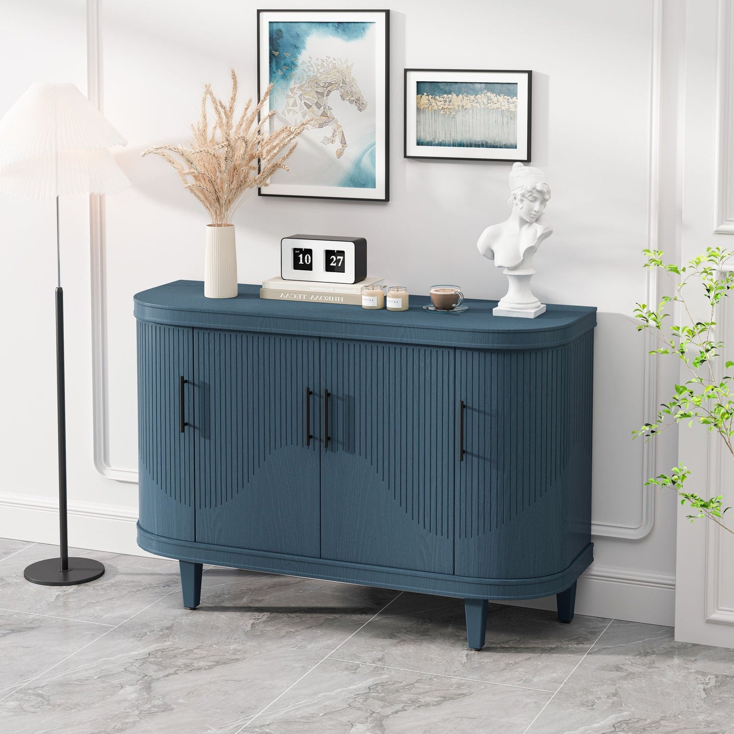 Blue curved wooden sideboard with four doors and ribbed panels decorative items on top on Tampa Home & Garden Store