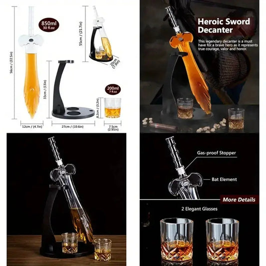 Legendary Sword Decanter Gift Set by Whiskey Ball amber decanter with stand and 2 glasses on Tampa Home & Garden Store