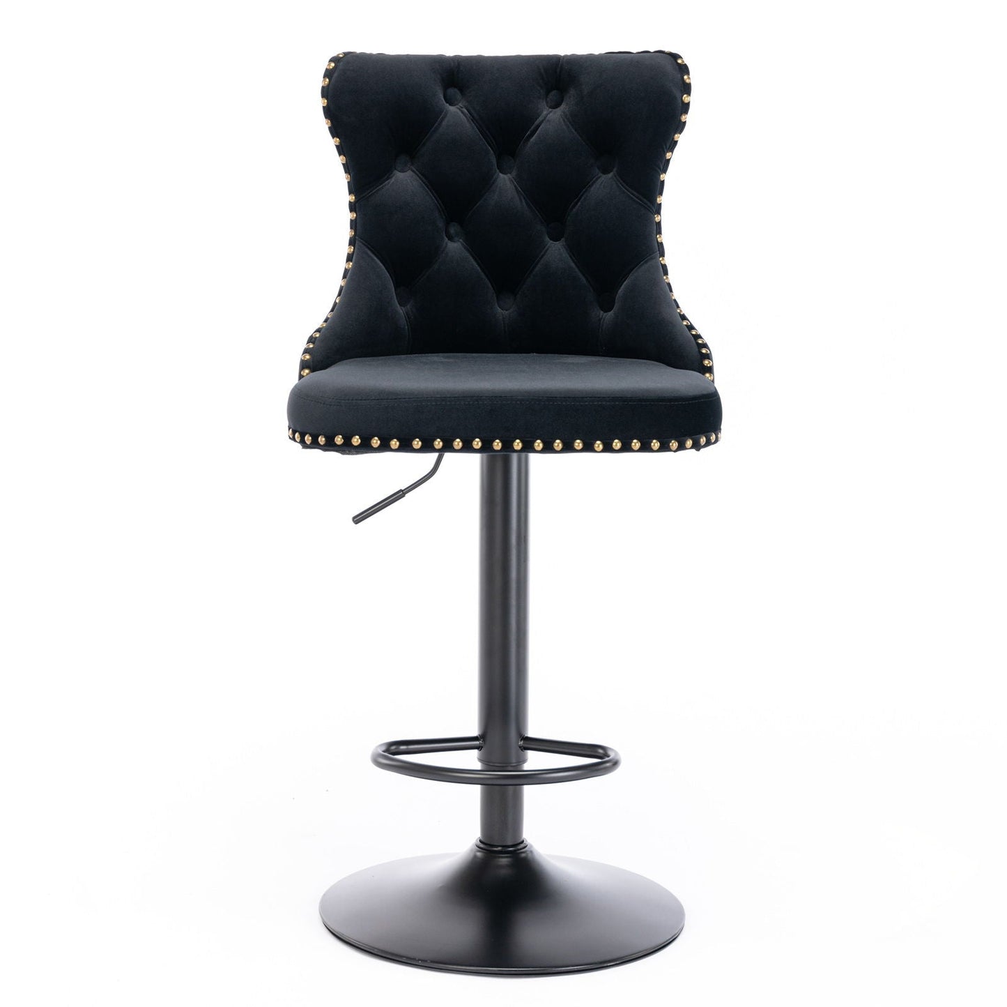 Swivel bar stool with black velvet tufted back and gold nailhead trim, adjustable height on Tampa Home & Garden Store