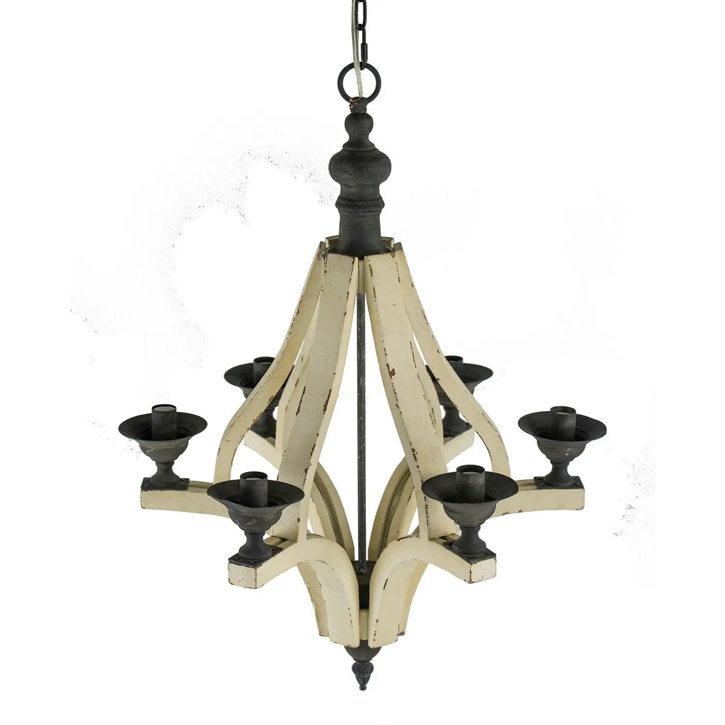 6-Light Cream Wood Chandelier with distressed finish, adjustable chain, black metal accents on Tampa Home & Garden Store