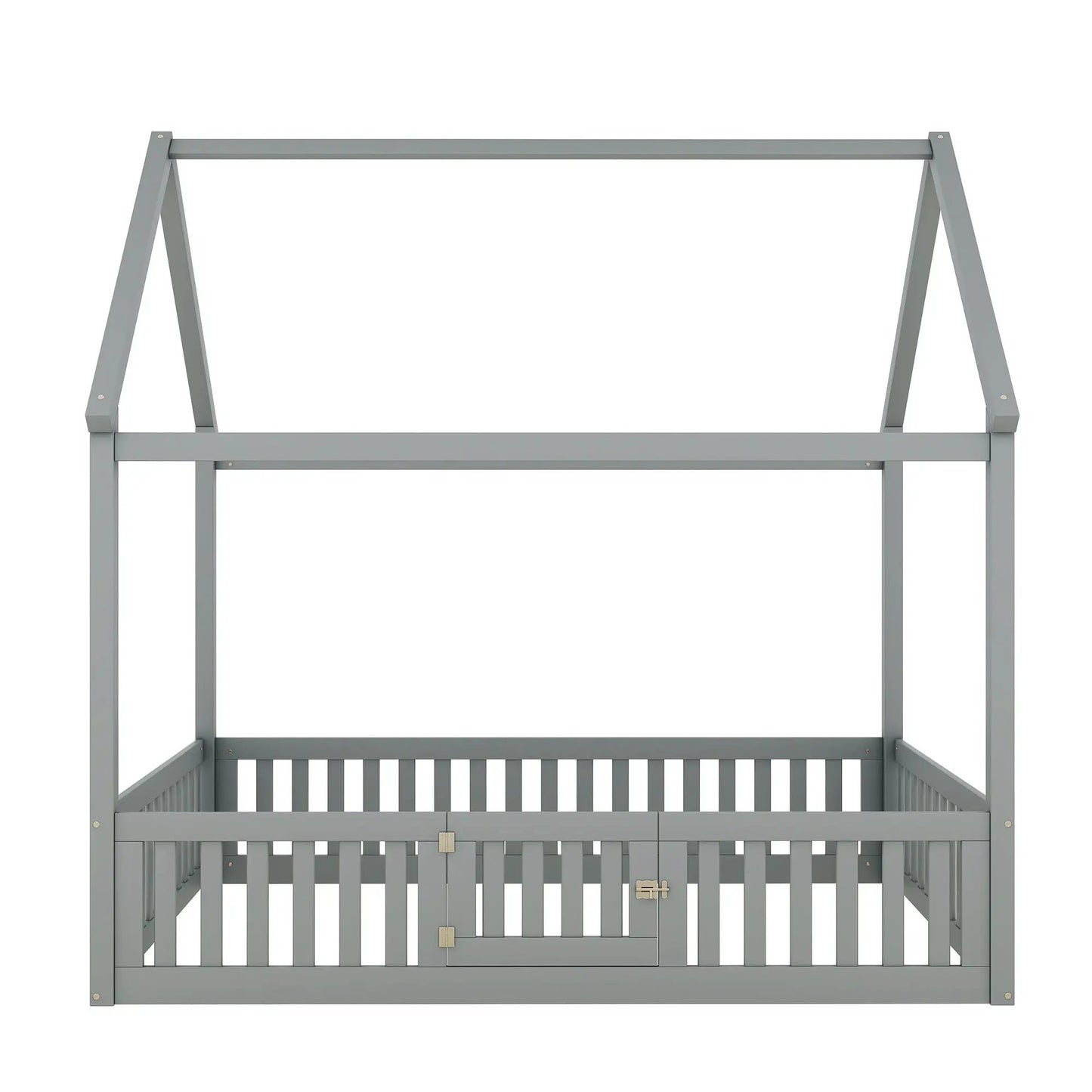 Platform bed Wood House Bed With Fence And Door gray with fence sides and front gate on Tampa Home & Garden Store